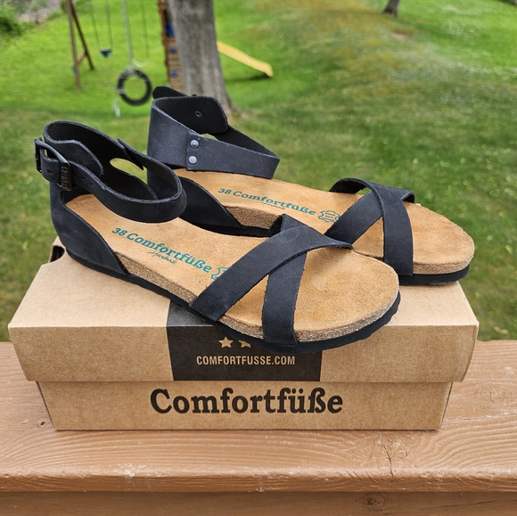 Comfortfube Black Leather Milano Sandals (Nubuck sole) Sz 38 - Picture 2 of 12